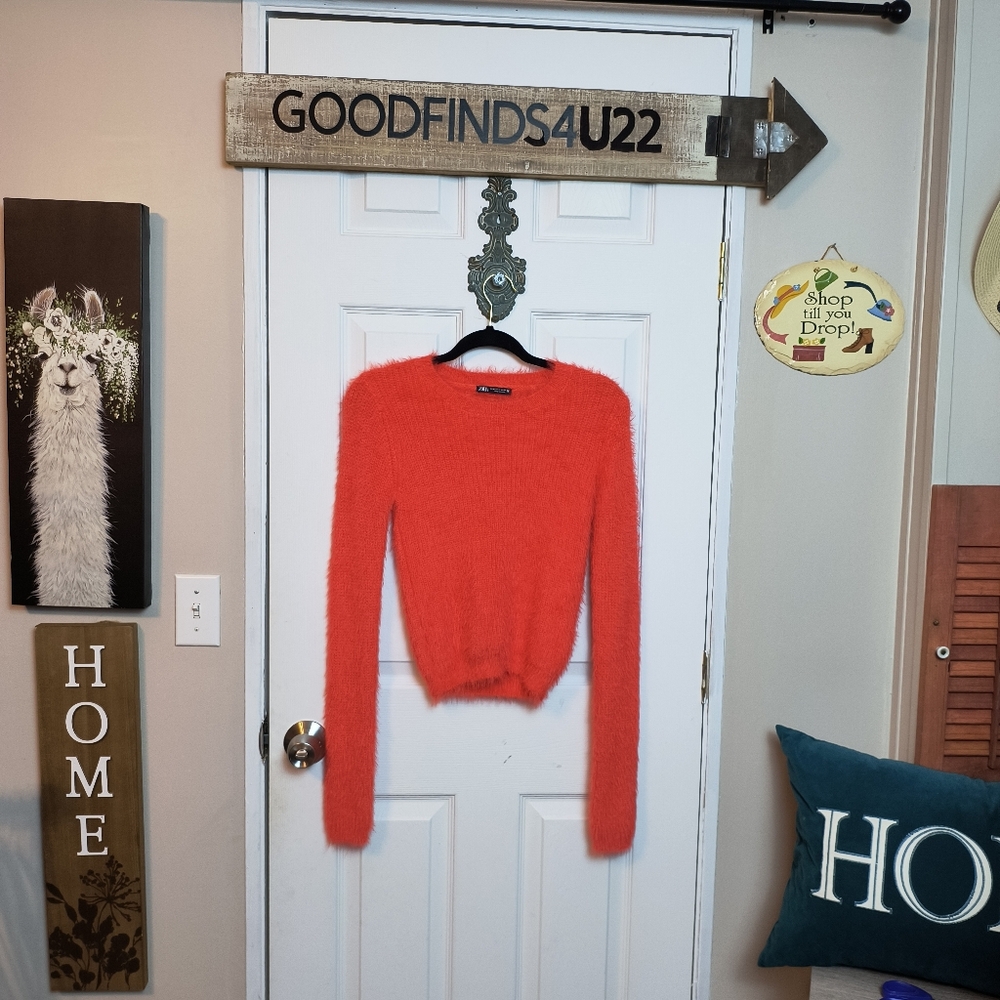 Zara Fuzzy Sweater With Cut Out Back In Red Sz Medium Long Sleeve